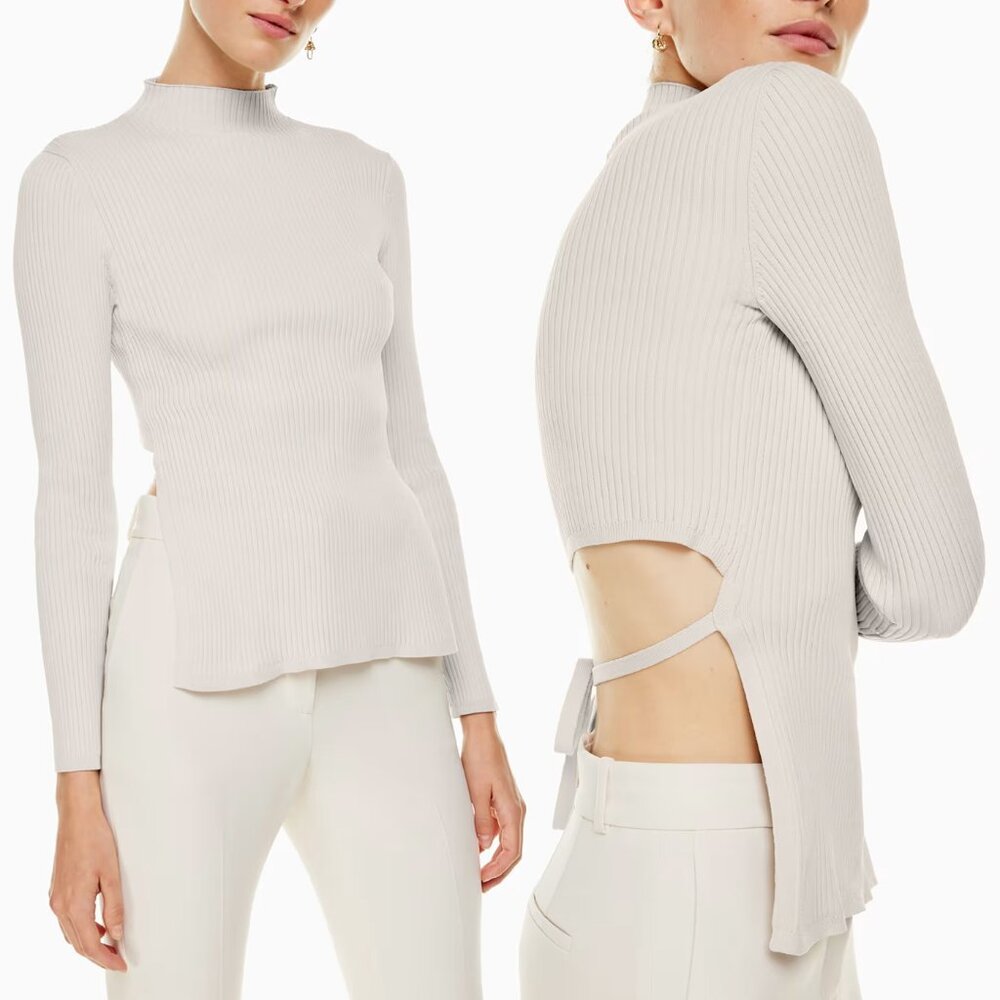 Babaton Cream Ribbed Cowlneck Sweater with Back Cutout